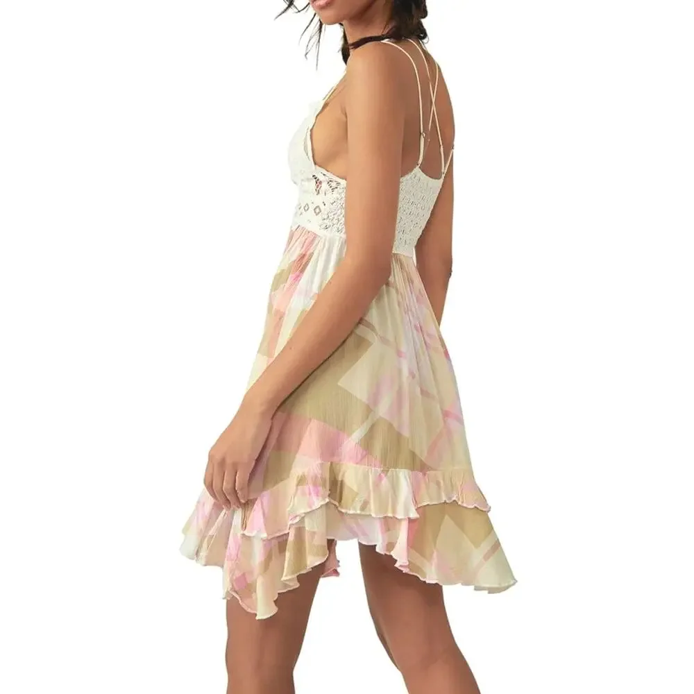 FP Intimately Free People Adella Mini Slip Dress Sz Large Pink Plaid Ruffle $98 - Picture 3 of 16